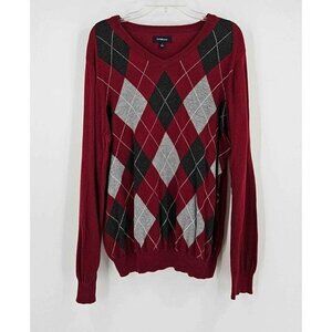 Croft & Barrow Mens Pullover V-Neck Long Sleeve Burgundy Argyle Style Sz Large